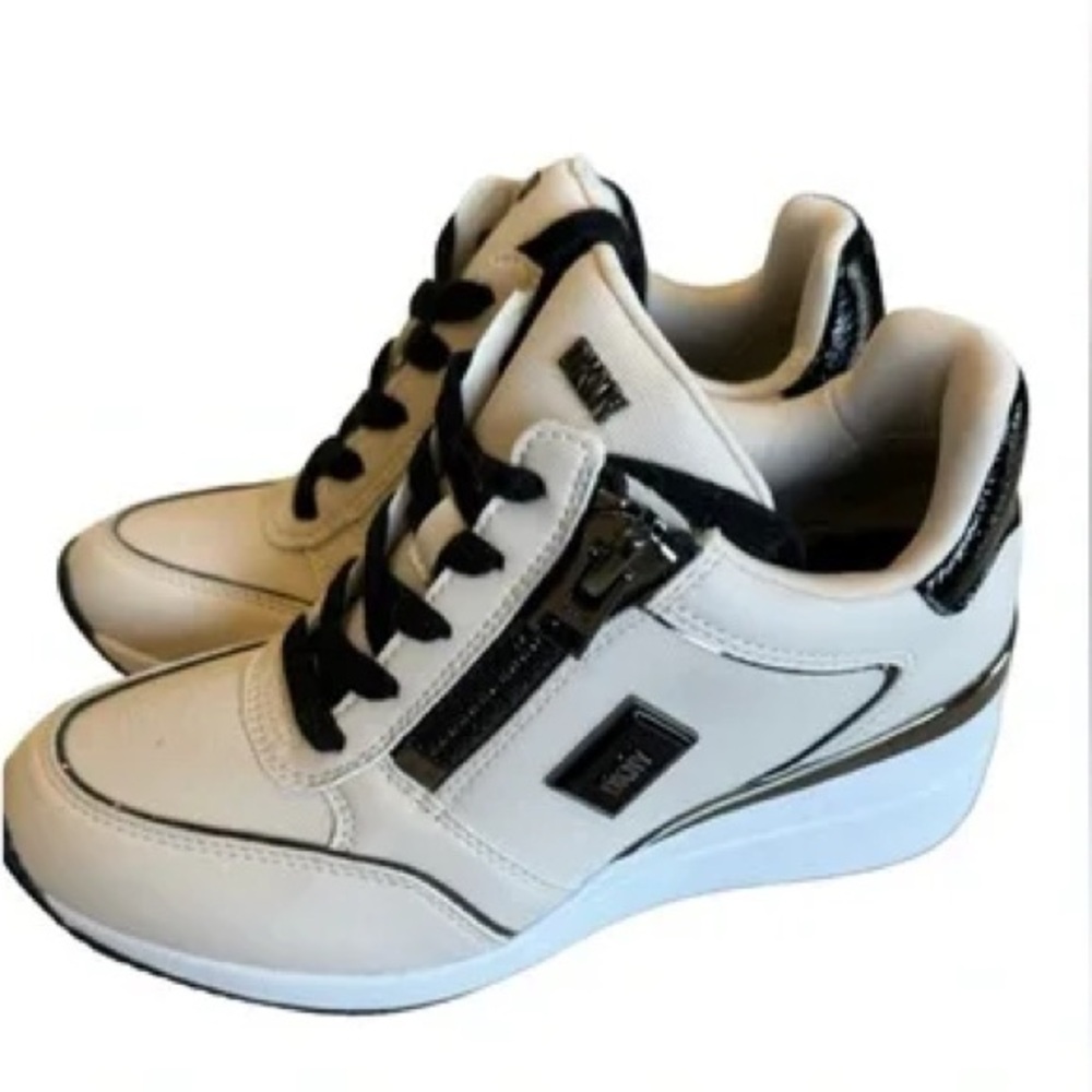 DKNY White and Black Sneakers with Silver Accents